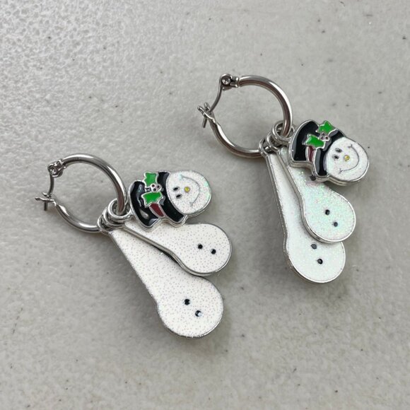 Vintage Snowman Layered Earrings Y2K enamel shimmery pierced winter holiday - Picture 3 of 4
